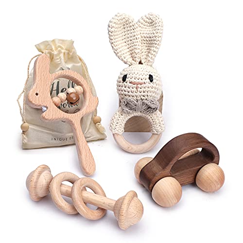 Let's make 天然木 ラトル ガラガラ ウサギ 4個セット おもちゃ 赤ちゃん 木製 無塗装 幼児 ミニカー ギフト 出産祝い 贈り物 知育玩具