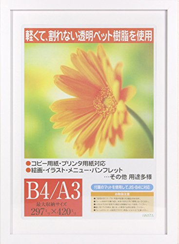ホワイト B4/A3 【本体重量】 581g 【収納サイズ】 297x420mm 【仕様】 本体木製、前面PET、吊紐・吊金具、JIS-B4サイズ対応マット付き 透明ペット樹脂を利用した軽く作られた額
