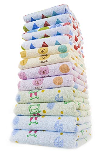 【フェイスタオル12枚セット】サイズ:約34*80cm 素材:綿100% 生産国:中国 重量:約63g カラー:ネコ(イエロー) ネコ(ピンク) フラッグ(ホワイト) フラッグ(ブルー) かえる(グリ