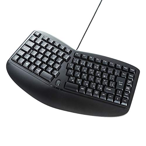 キーボード使用時に楽な姿勢で入力できるエルゴノミクスデザインのキーボード 肩に負担を掛けにくいキーの配置になっています。 手のひらをキーボードの上に置けるように大きめサイズのリストレスト構造です。 ス