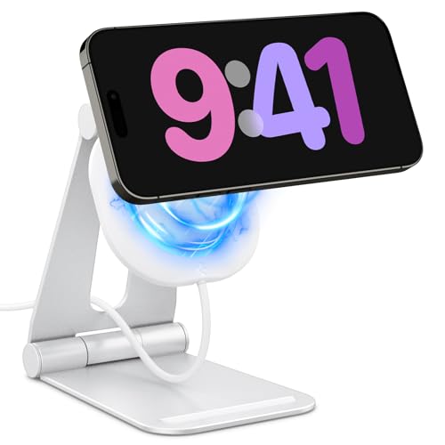 ホワイト Mag Safe用 【角度調節機能】重さを耐える丈夫な回転軸を使用してi Phoneを安定的に固定できます。角度もこまめに調節が可能で好きな角度でi Phoneを置けます。 【安定した固定力