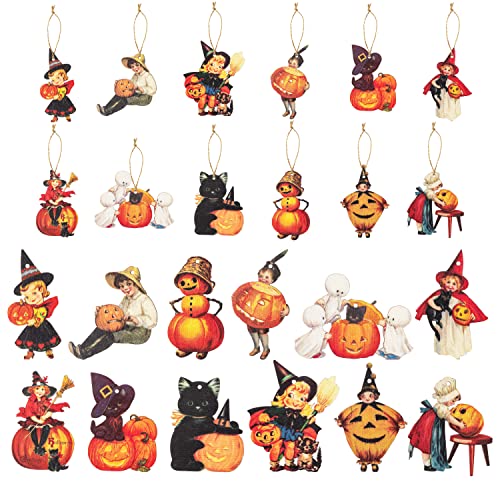 ヴィンテージ ハロウィン パンプキン ウッド オーナメント デコレーション セット:12種類のユニークなスタイルのヴィンテージ パンプキン ブラック キャット かかし 木製装飾品、各3個とより糸の束。