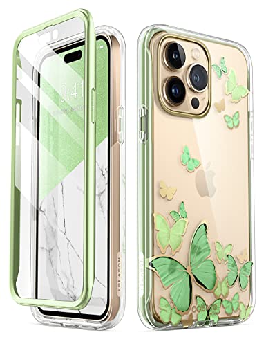 蝶グリーン i Phone14Pro 【全面保護】：米国軍事規格を取り、バンパー、ケースと画面保護フィルムという3重構造で360度しっかりカバーされているのでi Phone本体の破損は防げます。(本製