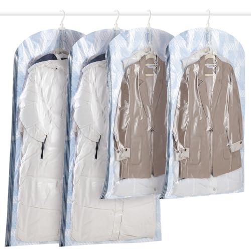 2L+2M 商品仕様：衣類圧縮袋サイズ:135*70 cm(2枚)*105*70 cm(2枚)。ブルー コーストラインパターンの吊り下げ圧縮袋はオーバーコート、ジャケット、洋服など簡単に収め、収納スペ
