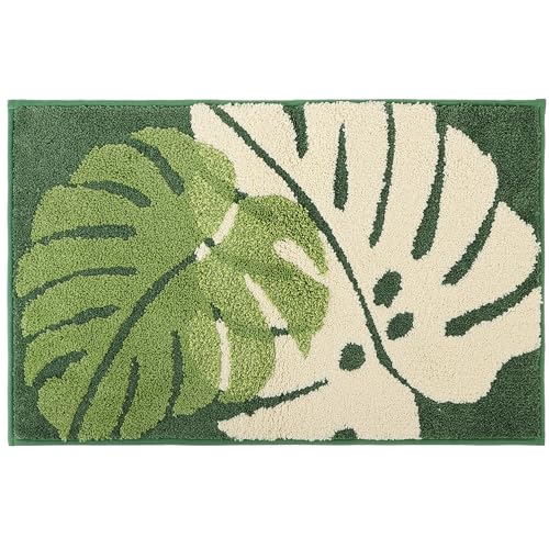 リーフ柄（グリーン） 40×60cm 1. プラクティカルでおしゃれな玄関マット：KURASHIの洗える玄関マットは、シンプルながらも北欧デザインの猫のアイボリーカラーで、おしゃれな玄関を演出します。