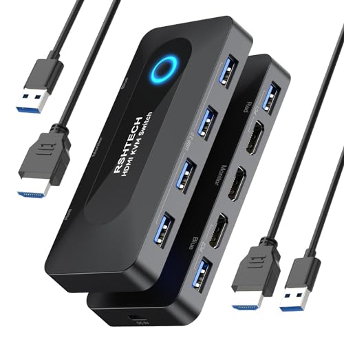 【HDMI 2入力1出力KVMスイッチ】このHDMI KVM切替器は、2台のパソコンを1台のHDMIディスプレイと4本のUSB 3.0機器を共有できます。キーボード、マウス、USBフラッシュドライブ、