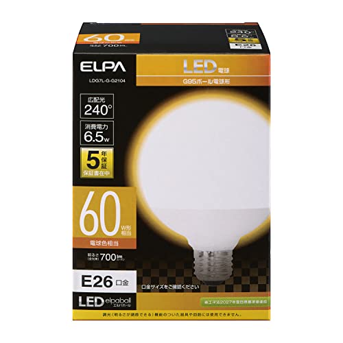 エルパ (ELPA) LED電球 ボール球形 G95 (口金E26 / 60W形 / 電球色) 5年保証 / (LDG7L-G-G2104)