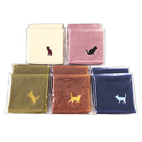 ネコ刺繍 タオルハンカチ ミニタオル ギフト ラッピング 5色10枚組（20*20cm）