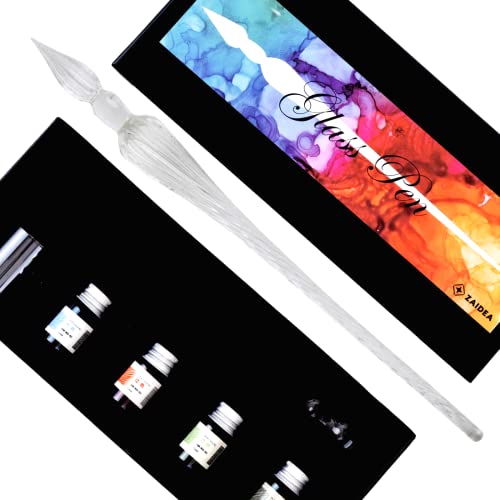 ZAIDEA ガラスペン ディップペン つけペン インク ４色 セット 国内検品 ペン置き セット 万年筆 プレゼント 贈り物 (クリア)