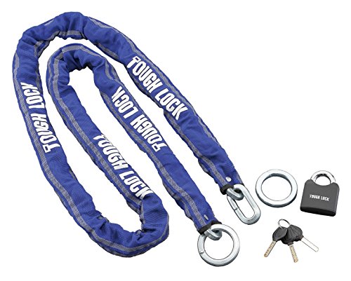 チェーン:太さ 12mm4角、長さ 2.5m、焼入シルバー加工、片端に8の字掛け用リング付 南京錠:φ11ツル、焼入シルバー加工、ウェーブキー用ピンシリンダー錠、TOUGH LOCKロゴプリント 付属
