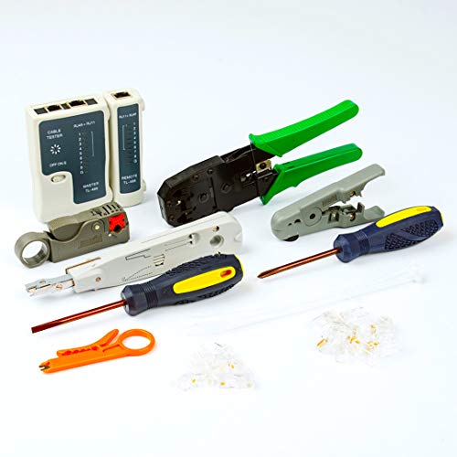 12点キット 工具セット内容：LANケーブルテスター（TL-468）、 かしめ工具（TL-315）、 カテゴリ6 RJ-45コネクタ・単線用*10（ロードバー無し）、 RJ-11コネクタ・単線用*10
