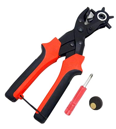 革製品、ベルトの穴あけ作業用のレザーパンチ 穴サイズ6段階（3.5mm、4mm、4.5mm、6*4.5mm、6*4mm、7*4.5mm）楕円にも対応しています。 穴サイズはヘッド部分のダイヤルを回転さ