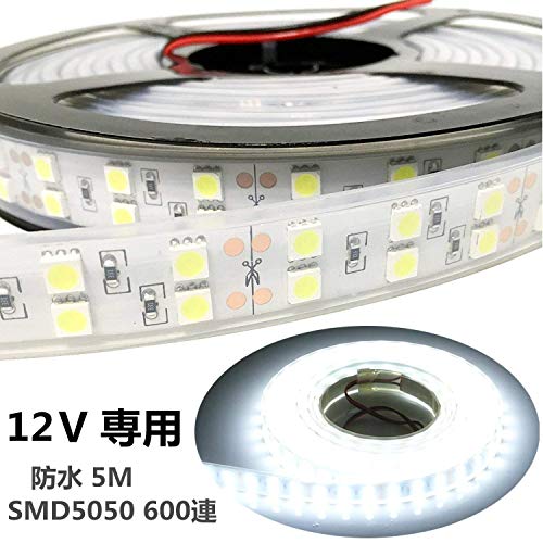 電圧：DC 12V、消費電力：144W、LED数：600個、タイプ：SMD5050、発光色：白、光束：6000-7200ルーメン（1個SMD約10-12lm）、白ベース 低圧直流12Vで、使用上は非常