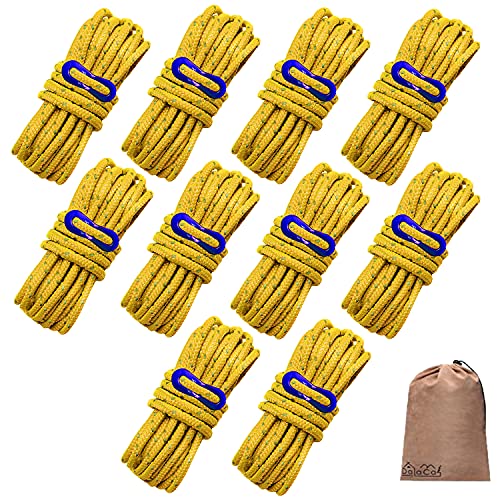 イエロー10本 *サイズ*ロープ：太さ5ｍｍ長さ4ｍ 自在金具：2.8ｇ *材質*ロープ：1500Dポリエステル 自在金具：アルミニウム *反射材入り*お洒落なデザイン発色でスノーピークコールマンなど