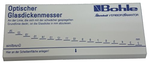 ガラスへの反射を利用して、厚さを測定する計測器です 測定範囲:2*25mm（目盛：2*15、19、22、25mm） サイズ:66*150mm 表面はガラスの厚み計測、裏面は2重ガラスの隙間の計測に使え
